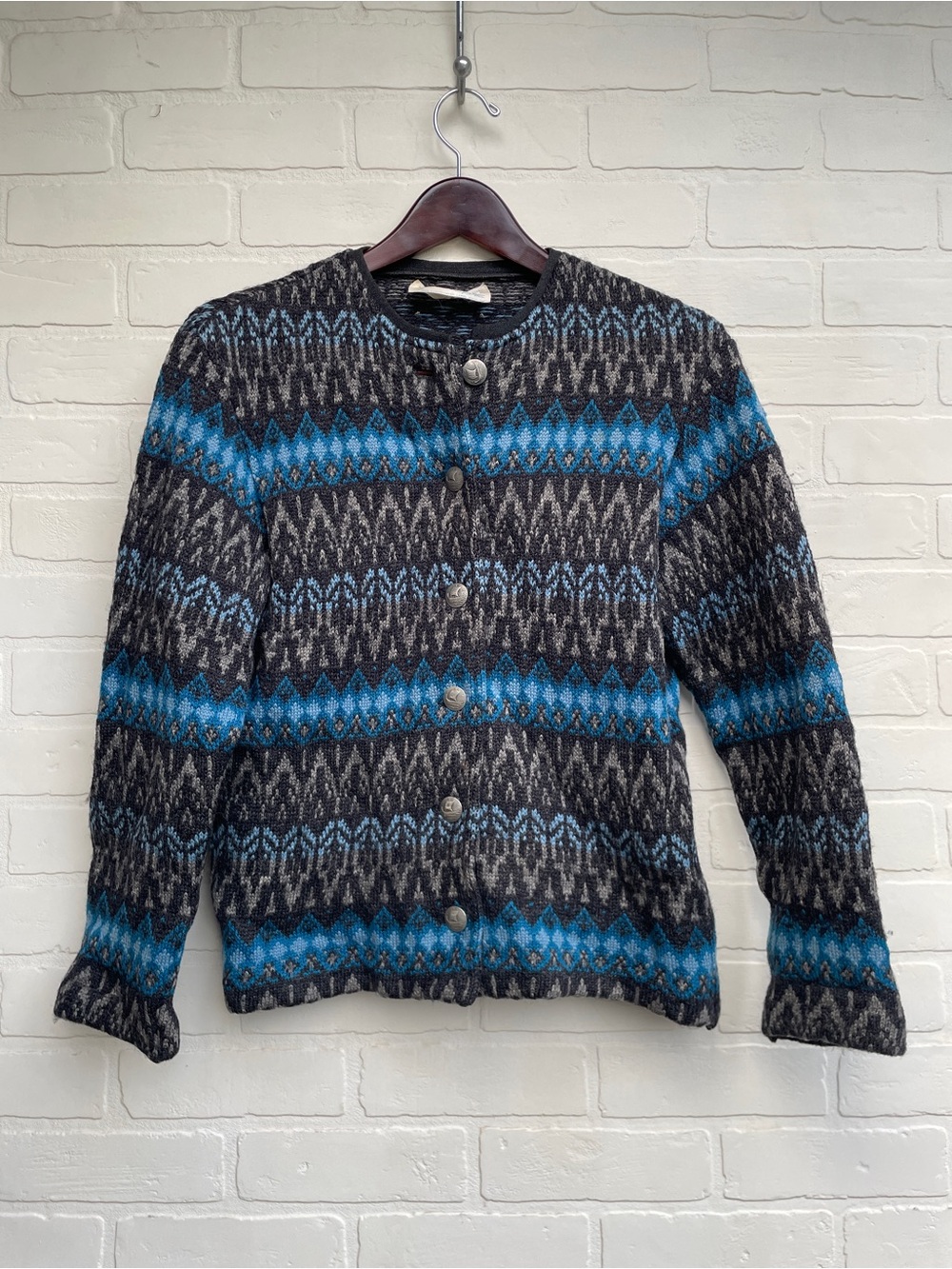 Vintage Blue and Gray Patterned Knit Cardigan